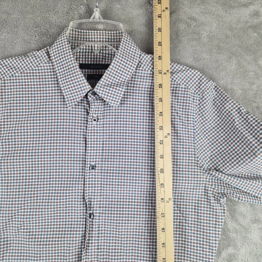 Gucci Shirt Men 39 15.5 White Blue Check Plaid Slim Fit Dressy Cotton Made Italy